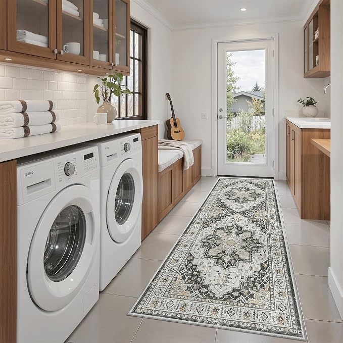 Madane Hallway Runner Rug 2x5 Washable Entry Rugs Non-Slip, Black | Vintage Printed Low-Pile Kitchen Runners, Soft Low-Pile Stain-Resistant Throw Carpet for Bedroom Entrance Laundry Room 2'x5'
