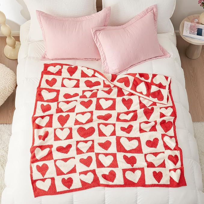Snuggle Sac Valentines Throw Blanket Red Checker, Knitted Super Soft Cozy Blankets, Valentines Day Gifts for Her, Microfiber Heart Throws for Couch, Checkered Love, 50x60 inches