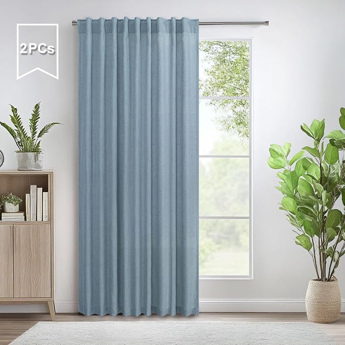 Pitalk Living Room Extra Wide 60 Inch Curtains 2 Panels Back Tab Pocket Light Blue Curtains for Sliding Glass Patio Doors Semi Sheer Linen Gray Grey Blue Curtain Farmhouse Total Width 120x84 Inch Long