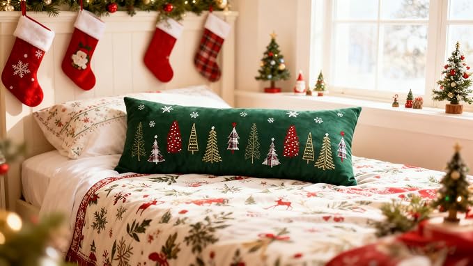 Christmas Embroidery Throw Pillow Covers 14 x 36 inch Christmas Dec Velvet Pillowcases Forest Green Xmas Tree Cushion Pillow Cases Soft Lumbar Holiday Pillowcase(1 Piece)