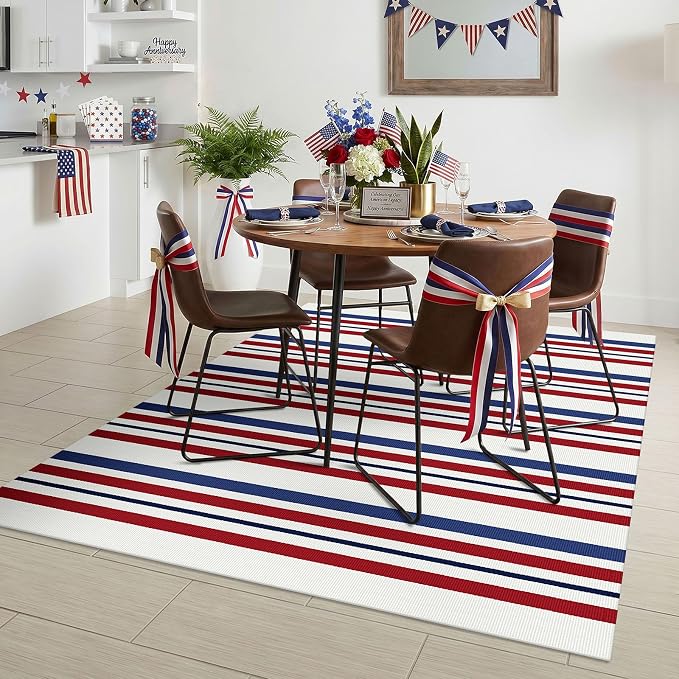 KILOCOCO 250th Anniversary Patriotic Striped Rug 4x6 ft, Red Blue White | Washable Front Door Rug, Woven Welcome Mat for Front Porch, Outdoor Rug for Memorial Day, Indoor Independence Day Decor