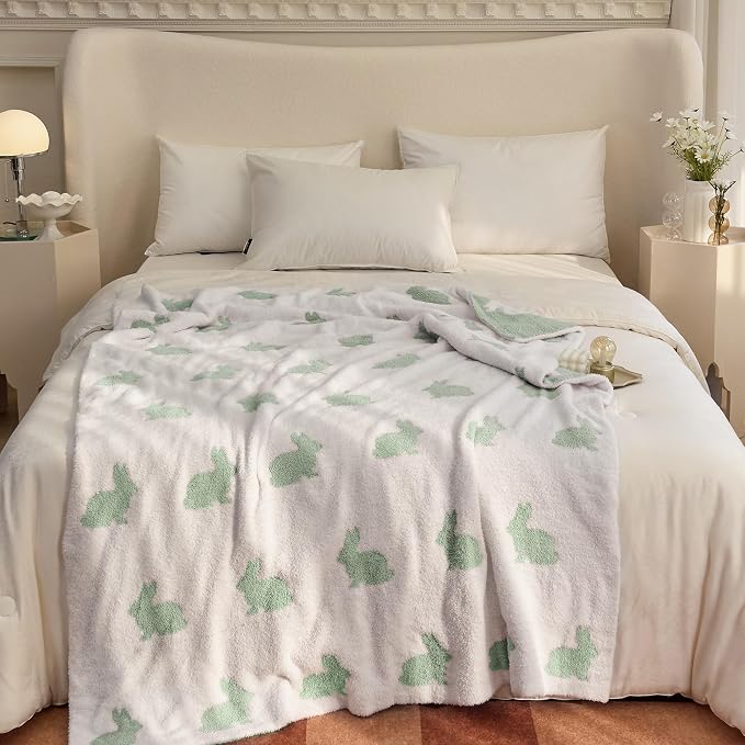 Ultra Soft Cozy Happy Easter Rabbits Spring Knitted Throw Blanket Fluffy Microfiber Checkerboard Bed Blanket Lightweight Both Sides Blanket for Couch Sofa Bed… (Rabbit Green, Throw 50“x60”)