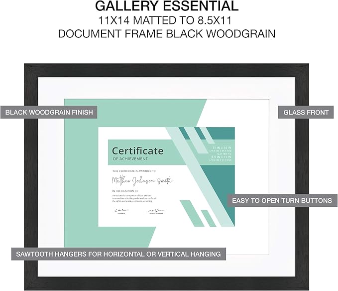 MCS Gallery Essential 11x14 Matted Diploma Frame with 8.5x11 Opening, Black Picture Frame for Gallery Wall, Documents, Awards & Certificates (2-Pack)