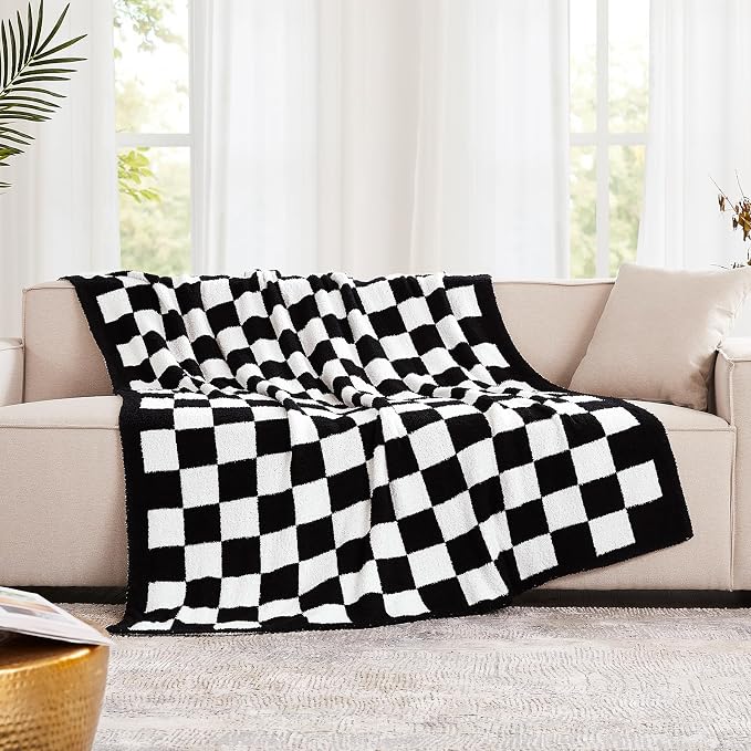 Checkered Throw Blanket for Couch, Soft Cozy Warm Knitted Blankets | Lightweight Fuzzy Travel Warm Decor for Women, Mom, Girls, Sofa, Chair, 50x70in, Black