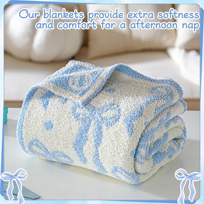 Buryeah Blue Bow Blanket Soft Microfiber Double Sided Bow Throw Blanket 50"x 60" Coquette Aesthetic Dormitory Room Decor Plush Sofa Chair Bedding Stuff for Women, Christmas Fall Thanksgiving Gifts