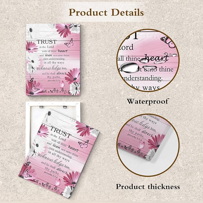 LB Pink Floral Bible Verse Wall Art for Bathroom Daisy and Butterfly Canvas Wall Art Wall Paintings Home Decor Rustic Vintage Wall Pictures for Living Room Bedroom Office Ready To Hang,16x20 Inch