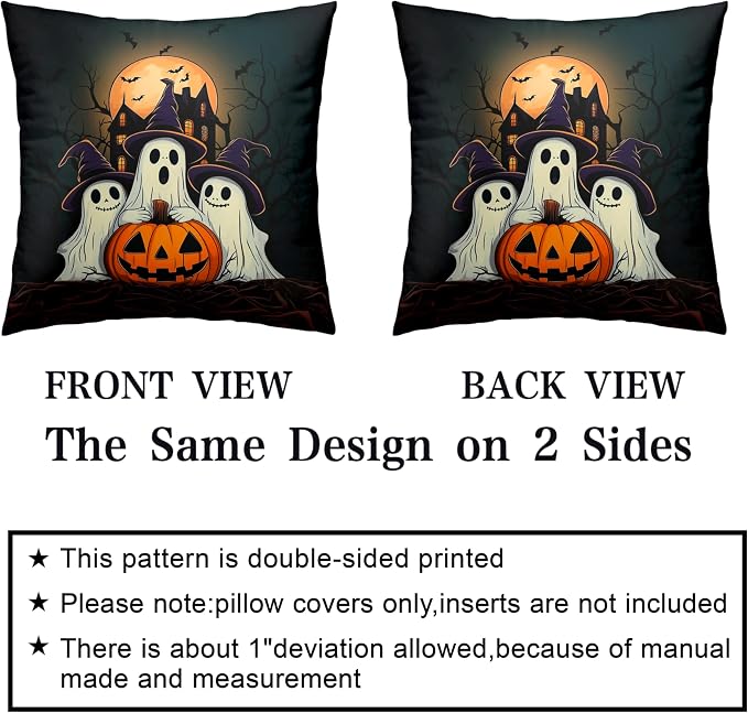 Set of 2 Halloween Pillow Covers 20x20 Ghost Throw Pillow Covers Full Moon Night Castle Bat Pillow Case Jack-O-Lantern Cushion Case for Holiday Party Decor Couch Sofa