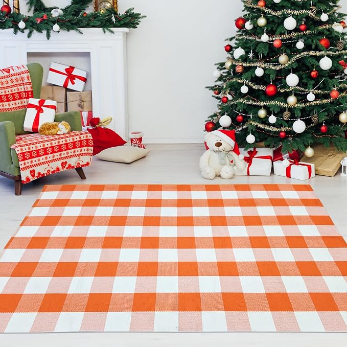 USTIDE Buffalo Plaid Outdoor Rug 4' x 6' Orange and White Check Christmas Check Indoor Area Rug Washable Cotton Woven Rug Layering Rug for Welcome Door Mat Farmhouse Front Porch Entryway