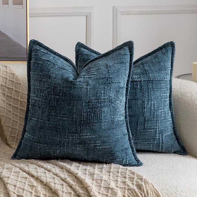 MADIZZ Pack of 2 Chenille Throw Pillow Covers 16x16 Inch Blue Soft Neutral Decorative Throw Pillows for Couch Sofa Boho Accent Cushion Covers Modern Farmhouse Home Decor for Bedroom Living Room