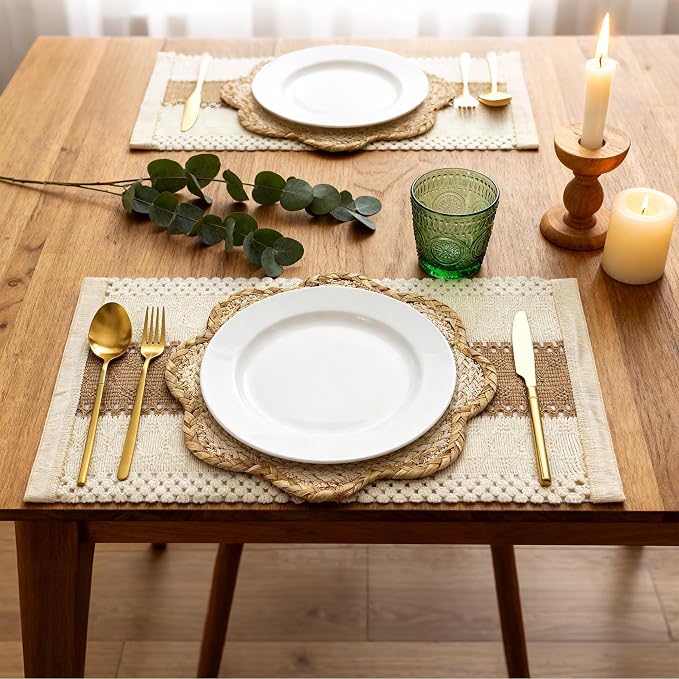 6pc Sunflower Rattan Placemat Set, Woven Boho Table Mats, Natural | 6 cotton runners (24x11") & 6 woven mats. Heat-resistant & eco-friendly. Perfect for boho, farmhouse decor & parties.