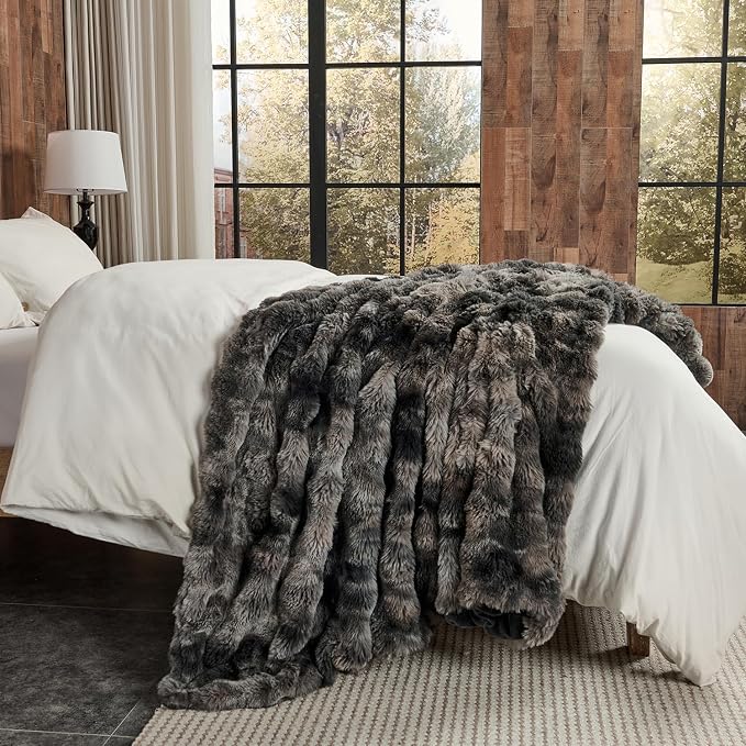 Lotus Karen Faux Fur Throw Blanket Tie-Dye Dark Gray - Big Bubble Rabbit Fluff Blanket for Couch, Small Fluffy Fuzzy Cozy Blanket, Thick Furry Plush Shaggy Blankets, 50x60 Inches