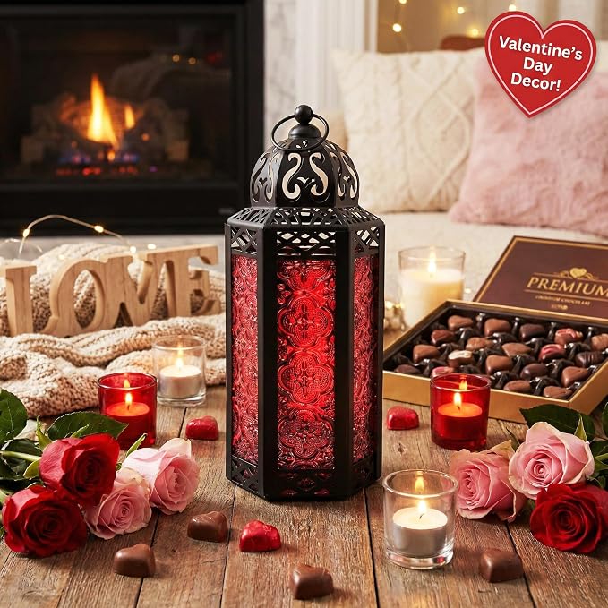 Vela Lanterns Decorative Indoor Moroccan Candle Holder Lamp, Red, M | Gothic Dark Academia Decor, Whimsigoth, Medieval & Vampire Decor, Hanging Turkish Lamp, Halloween Centerpiece, 10.5" Tall