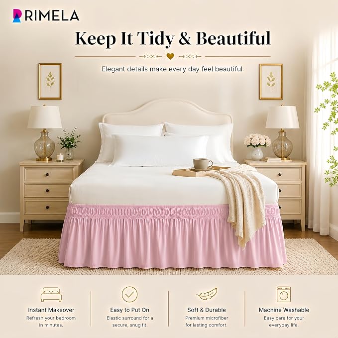 Dusty Pink Bed Skirt Full Size 15" Drop, Elastic Wrap Around Bedskirt | Solid Ruffled, Easy to Use, No Mattress Lifting, Wrinkle & Fade Resistant, with Adhesive Strips, Machine Wash/Dry/Iron