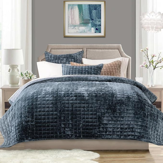 RECYCO Channel Box Stitch Velvet Quilt Set, King Size, Stormy Blue | Ultra Soft Lightweight Velvet Comforter, Luxury Oversized Bedspread Coverlet, Quilted Bedding Set for All Season with 2 Shams