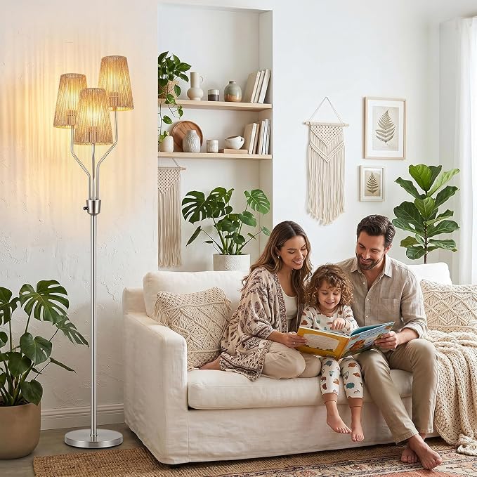 Bairth Boho Floor Lamp, Farmhouse Rattan 3-Light Floor Lamp for Living Room
