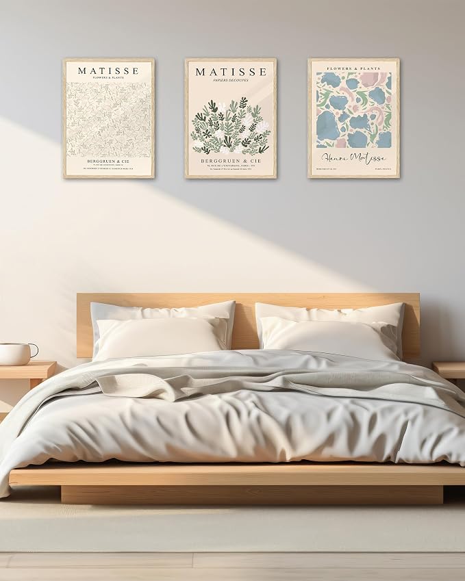 KensTro 12x16 Oak Picture Frames Set of 3 with Matisse Prints | Natural Solid Oak Wood Frames with 3 Matisse Prints, Clear Front, Ready for Posters, Photos, Wall Art and Paintings