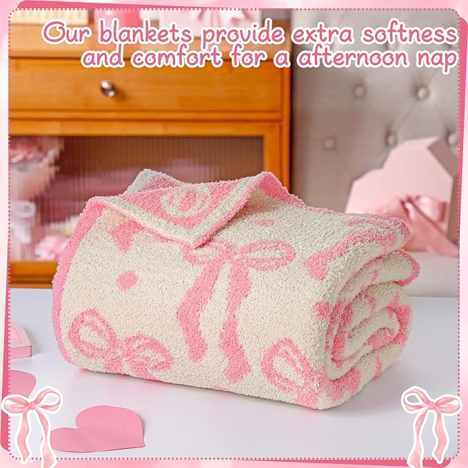 Buryeah Pink Bow Blanket Soft Microfiber Double Sided Bow Throw Blanket 50"x 60" Coquette Aesthetic Dormitory Room Decor Plush Sofa Chair Bedding Stuff for Women, Christmas Fall Thanksgiving Gifts