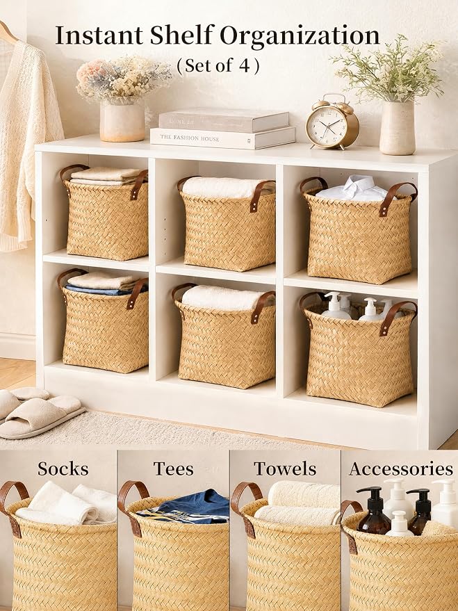Wicker Storage Baskets, 4 Pack Woven Baskets for Shelves, Yellow | PP Rattan, Water-resistant Wicker Basket, Large Baskets with Faux Leather Handles for Blanket, Laundry Organizer, Room Decor
