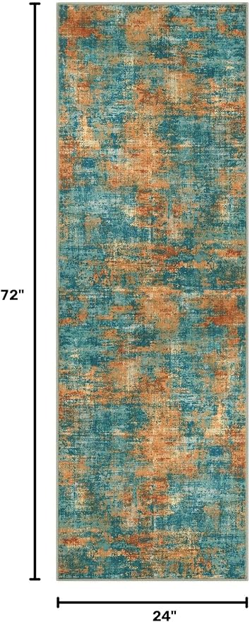 Lansny Abstract Washable 2x6 Hallway Runner Rug Non Slip Kitchen Runner | Teal/Orange;Thin Printed Faux Wool Rug Runners;Entryway Runner Indoor;Rubber Backed 6ft Carpet Runners;Bedroom Runner
