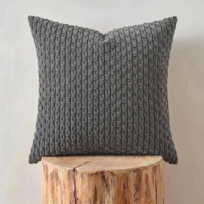 Fancy Homi 2 Packs Dark Gray Euro Decorative Throw Pillow Covers 26x26 Inch for Living Room Couch Bed Sofa, Rustic Farmhouse Boho Home Decor, Soft Striped Corduroy Grey Square Cushion Case 66x66 cm