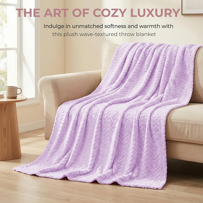 Exclusivo Mezcla Large Fleece Throw Blanket for Couch, Sofa, Lilac Purple | 50"x70" Soft Breathable Lightweight Flannel Throws for Summer, Plush Cozy Jacquard Wave Blanket for Home Decor