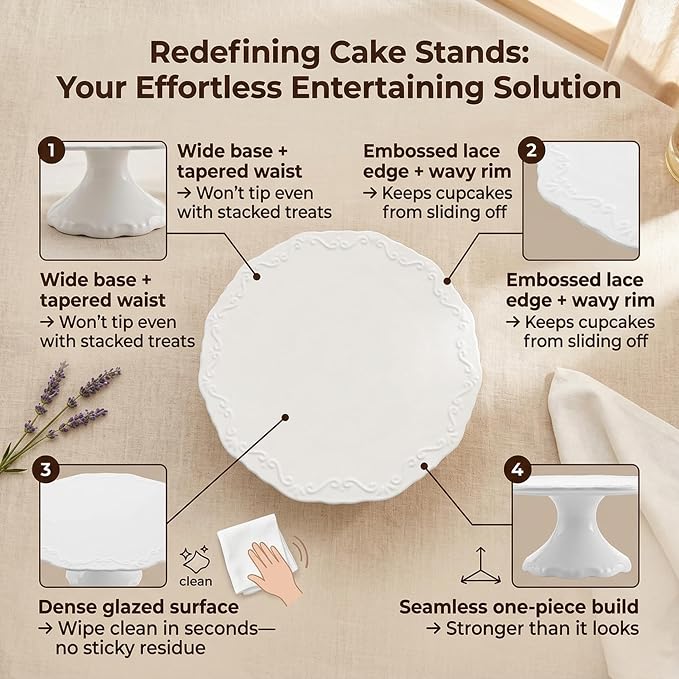 10 Inch Cake Stand, White Ceramic Round Pedestal Stand for Dessert Table, Elegant Cake Plate for Birthday, Wedding, Baby Shower, Mother's Day, Anniversary,Gift for Women Home Kitchen Decor