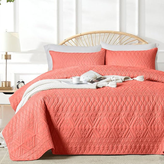 akkialla Full/Queen Size Quilt Bedding Set,Coral Lightweight Microfiber Soft Bedspread,Modern Style Geoetric Pattern Coverlet Set for All Seasons,3 Piece(1 Quilt,2 Pillow Shams)