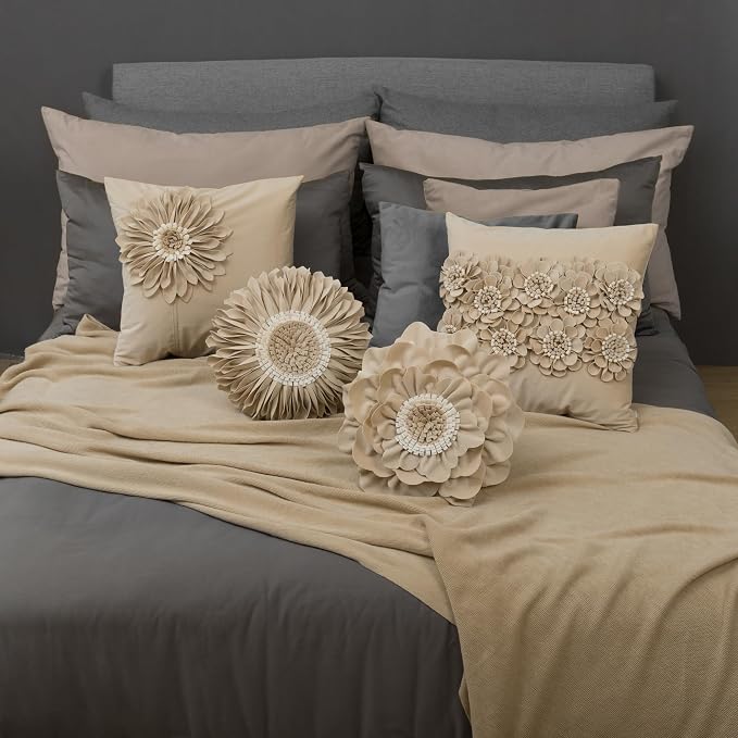 JWH 3D Flower Throw Pillow Cover Decorative Floral Pillow Case Round Peony Cushion Velvet Accent Pillowcase for Bed Sofa Couch Home Decor 14 Inches Champagne Tan