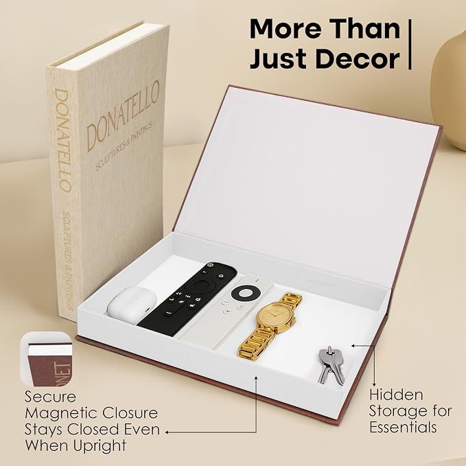 Decorative Books for Home Decor - Set of 2 Faux Books for Decoration with Secure Magnet Closure for Photo Storage and as a Keepsake Box, Coffee Table or Bookshelf Decor (Brown - Beige)