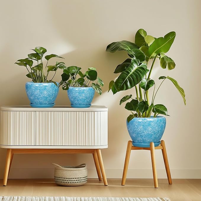 Ceramic Planters for Indoor Plants, 6 Inch Plant Pot, Bubble Blue | Round Plant Pots with Drainage Hole and Saucer, Modern Decorative Succulent Planter, Desk Decor, Gifts for Plant Lovers