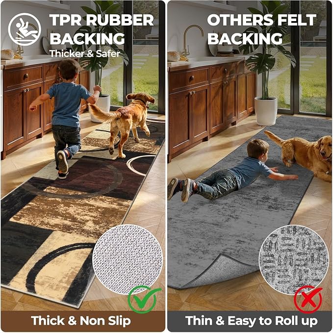 Yamaziot 3x5 Washable Modern Abstract Area Rug Non-Slip Entryway Rug | Stain Resistant Kitchen Rug with Rubber Backing, Low Pile, Ultra Soft Carpet Rug for Bedroom, Laundry, Entryway, Brown