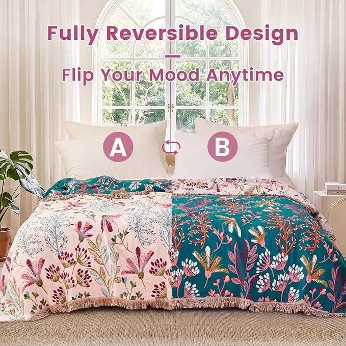 MSGKV Boho Throw Blanket 50"x60" 100% Cotton Floral Throw for Couch Sofa | 100% Cotton Throw, Floral Pattern, Reversible Woven, Breathable Lightweight, Farmhouse Home Decor, Machine Washable