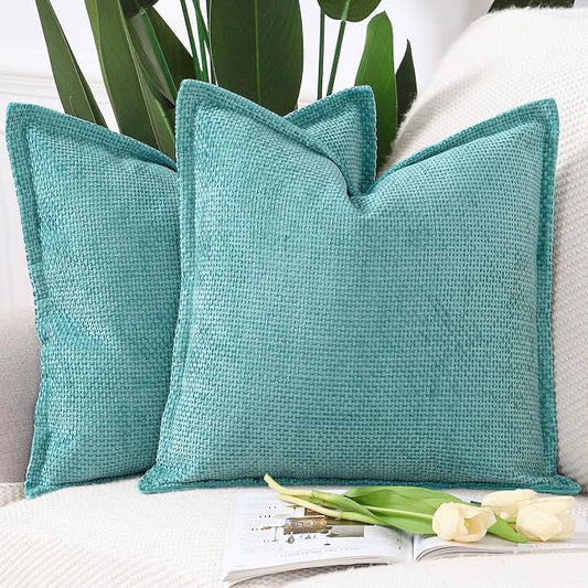 MADIZZ Decorative Chenille Velvet Throw Pillow Covers Set of 2 Soft Boho Textured Neutral Couch Throw Pillow for Bed Modern Farmhouse Home Decor for Sofa Livingroom Turquoise 18x18 Inch