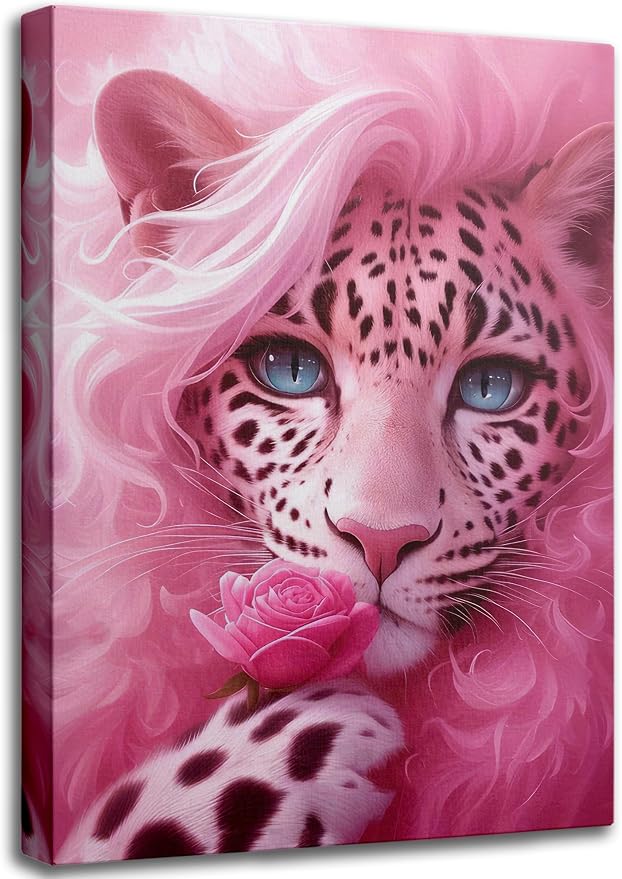 UNDBILSNI Whimsical Pink Mother Leopard Canvas Wall Art | Fashionable and Beautiful Female Leopard Holding Roses Wall Decor Picture for Girls Room Preppy Dorm Artwork Decoration