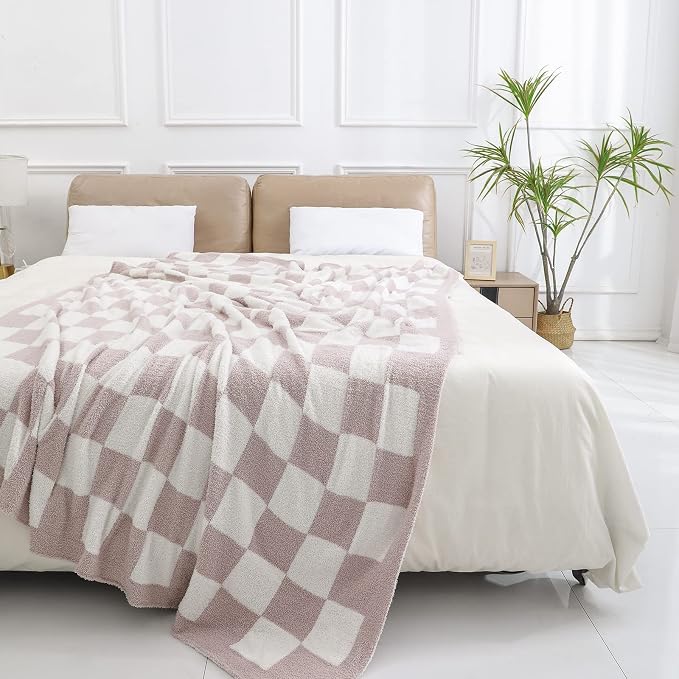 bearberry Fuzzy Checkerboard Grid Throw Blanket Soft Cozy Warm Microfiber All Season Blanket Decor for Couch Sofa Bed Travel Home (Cream, 50''x60'') | Knitted Fluffy Checkered Comfort Home Decor Gift for Women Mom Her, Sofa Chair Bed, 50x60in, Cream