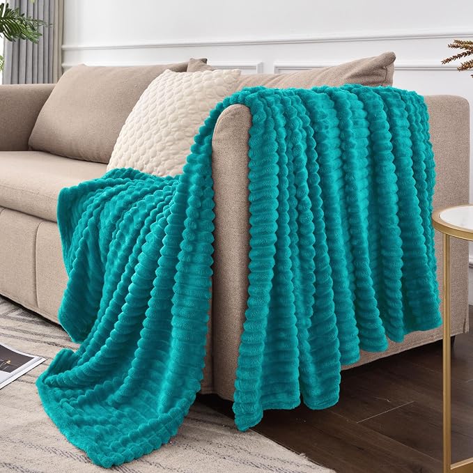 BEDELITE 3D Ribbed Ocean Blue Fleece Throw Blanket for Couch, 50x60 Inch | Soft Warm Decorative Fluffy Blanket, Cozy Plush Lightweight Fuzzy Throw Blanket for Bed Sofa Home Room Decor, Gift for Women