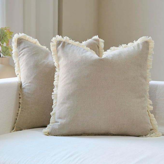 Amor Virisso Fringe Throw Pillow Covers 20x20 Set of 2 Boho Neutral Farmhouse Decorative Pillow Covers with Tassels for Couch Sofa Bed, Neutral