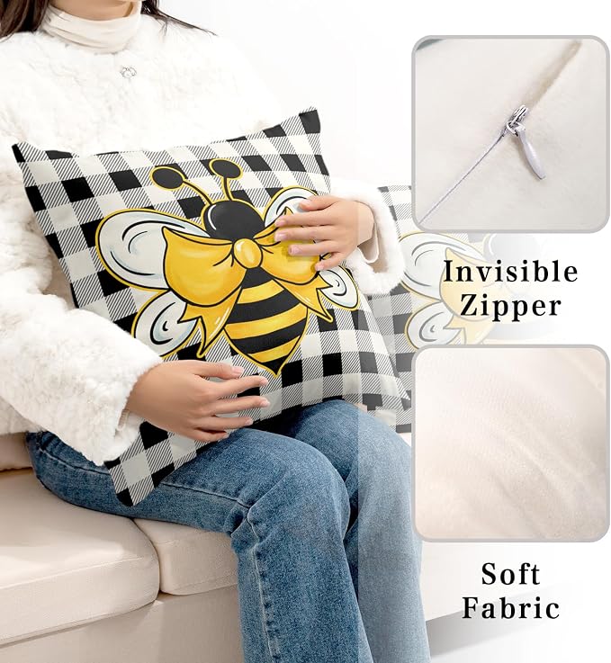 Bee Pillow Covers 16x16 Spring Summer Throw Pillow Covers Black and White Buffalo Plaid Throw Pillow Bee Decorations Home Decor for Indoors Couch Bed in 2 Pcs