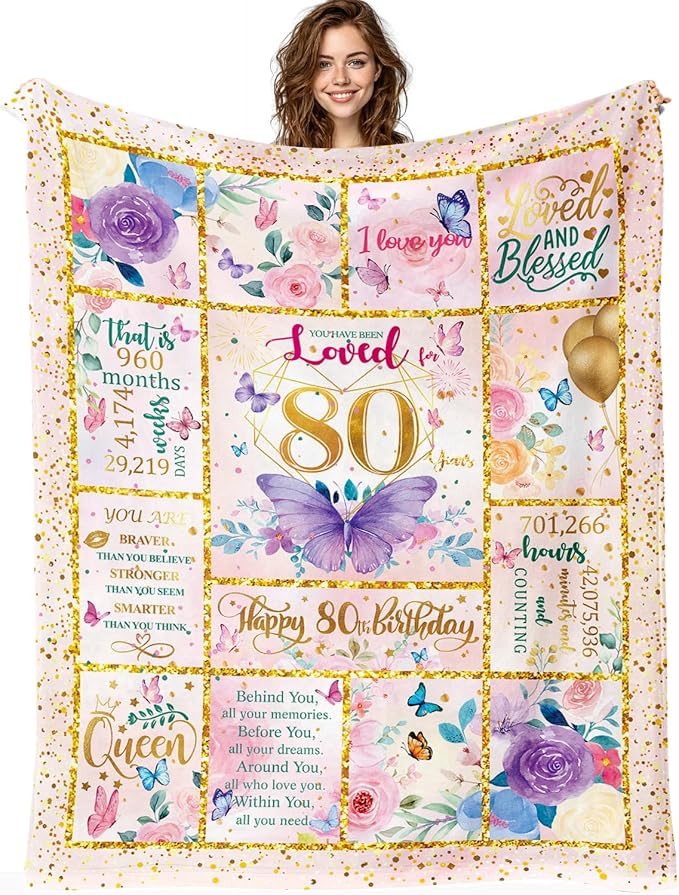 80th Birthday Gifts for Her -80 Year Old Gifts for Women Mom -80th Milestone Birthdays Blanket -80th Birthday Blanket for Women - Warm Soft Plush Flannel Throw Blankets (80"x60")