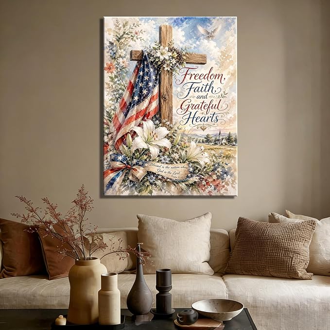 RIBNTAK 4th of July Wall Art Canvas Prints Pictures Patriotic Christian Artwork American Flag Cross Decor Faith Freedom Religious Canvas Art for Living Room Bedroom Office Farmhouse Home Decorations