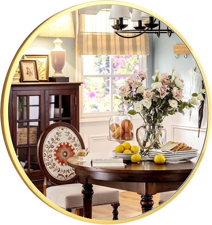 XRAMFY 30 Inch Round Mirror-Gold Circle Mirrors for Bathroom, Entryway | Modern Hanging Vanity Mirror for Livingroom, Wall Decor, Bedroom, Matte Gold Circle Decorative Wall Mirror