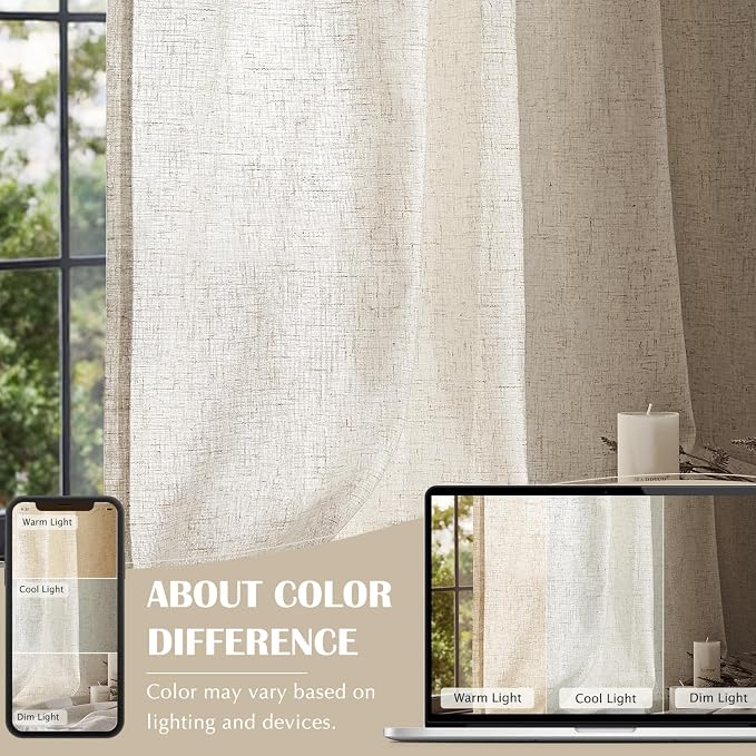 jinchan Linen Curtains Light Filtering Back Tab 50x108 Inch 2 Panels | Semi Sheer Curtains 108 inch length for Bedroom Living Room, Modern Farmhouse Drapes with Rod Pocket, Natural Boho Curtains