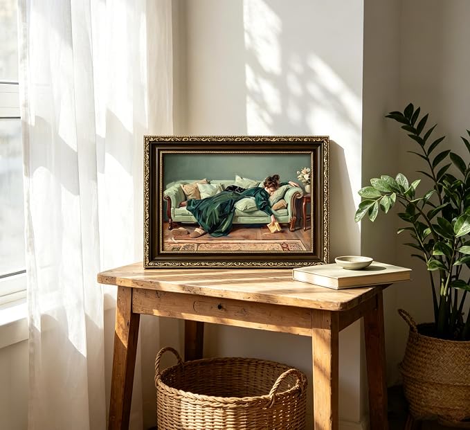 Vintage Gold Framed Wall Art, 3D Textured Victorian Woman Canvas Print | Moody Cozy Black Cat Picture Wall Decor, Antique Woman Reading Sofa Poster Artwork for Library Bedroom Living Room
