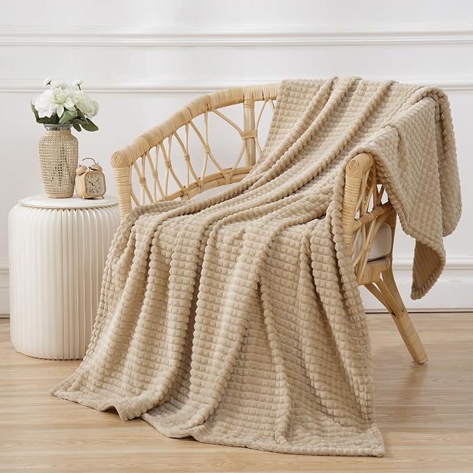 Puncuntex Fleece Throw Blanket Khaki 60"×80" with Square Grid Design | Super Soft Plush Cozy Flannel Throw Blanket Luxury for Couch Sofa Chair