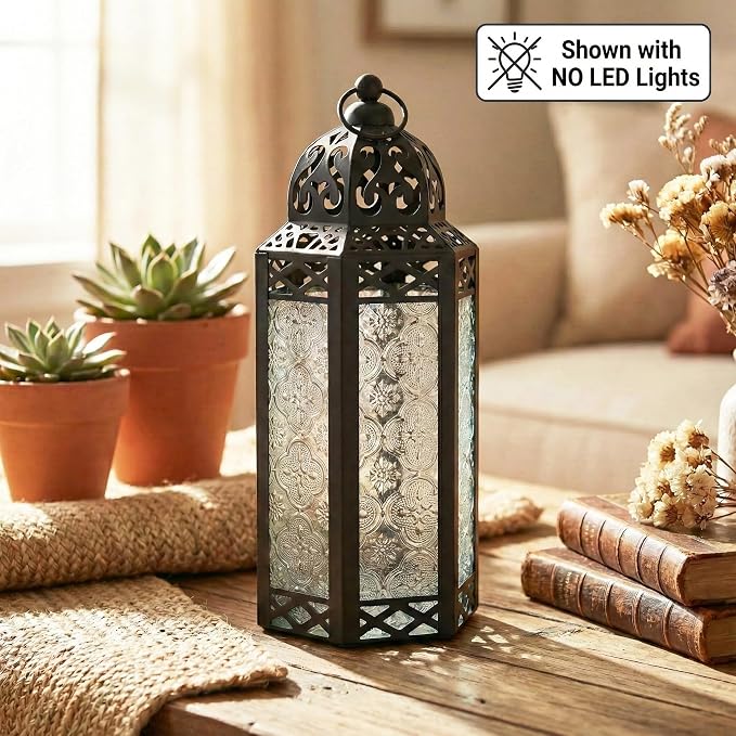 Vela Lanterns Decorative Indoor Fairy Light Color Changing Candle Holder, M | Multicolor Fantasy Lamp, Diwali & Ramadan Decorations, Eid Mubarak, Turkish Moroccan Metal Hanging, Patio, 10.5" Tall
