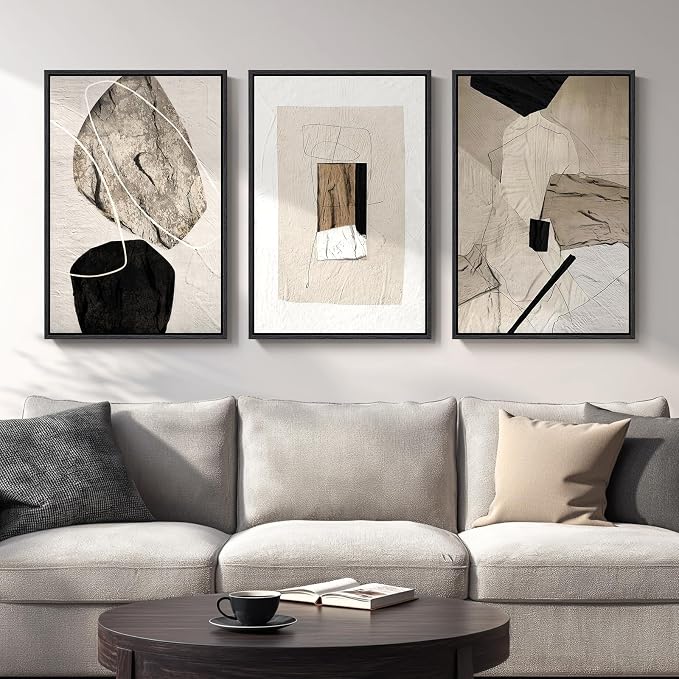 Large Framed Modern Neutral Abstract Wall Art, Set of 3, Total 60x30 In | Black and beige pictures, Canvas prints, Minimalist paintings, Artwork for walls, Wall decor for living room bedroom dining