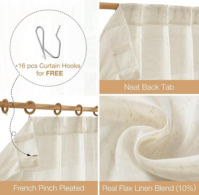 FMFUNCTEX Beige Linen Pinch Pleated Sheer Curtains, 108 Inches, 2 Panels | Natural Semi Sheer Drapes, Flax Linen, Rod Pocket, Light Filtering, Farmhouse French, Kitchen, Privacy, for Living Room