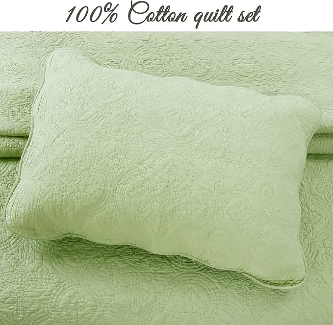 Cozy Line Home Fashions 100% Cotton Medallion Matelasse Embossed Bedding Quilt Set, Reversible Lightweight Bedspread, Coverlet for All Season (Blantyre - Green, Twin - 2 piece)