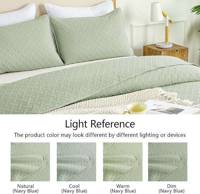 FLYMME Twin Quilt Set, Lightweight Sage Green Bedspreads, Basket Weave Pattern,Ultra Soft Microfiber Bedspread Bed Coverlet 2 Pieces for All-Seasons (1 Quilt, 1 Shams)