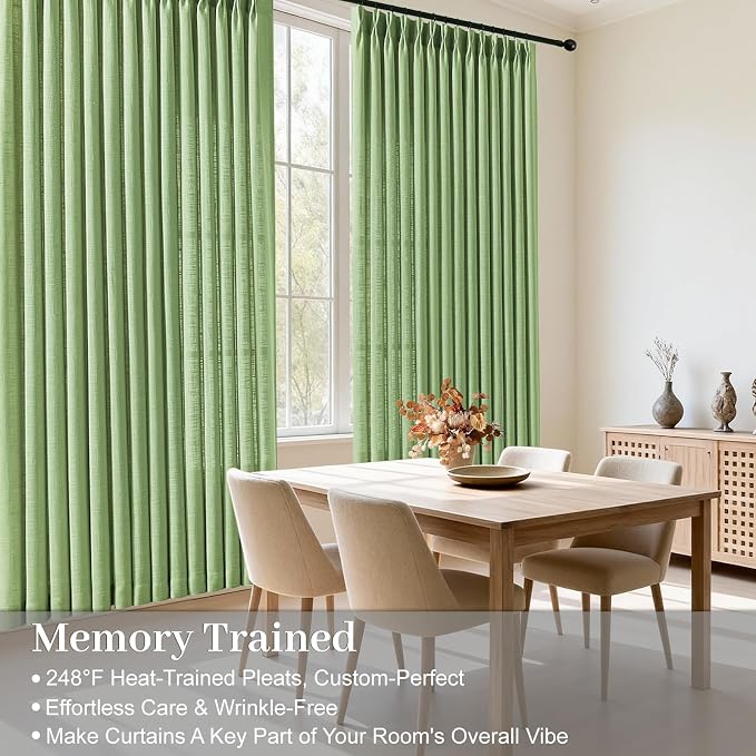 Pinch Pleated 84 Inch Linen Curtains for Living Room, Light Filtering, W40 | Semi Sheer, Bedroom, Pinch Pleat, Linen Blend, Hook Rings, Non See Through, Memory Shape, Privacy, Sage Green, 2 Panels
